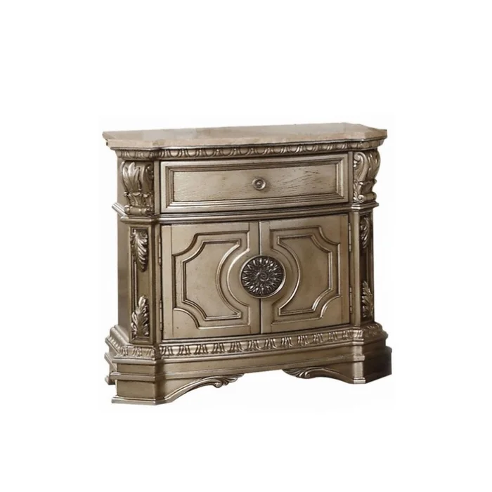 1 Drawer and 2 Wooden Doors Nightstand with Marble Top, Antique Silver GL-B016P253506