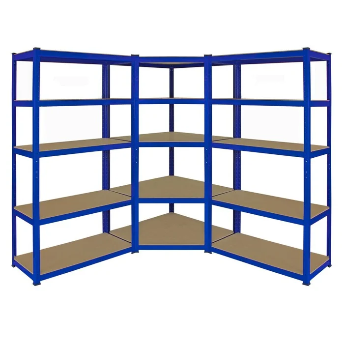 1 x Corner Garage Racking Unit & 2 x Single Racking Storage Units / 5 T-Rax Blue Steel & MDF Shelves / 4125kg capacity / 265kg per shelf / Free Rubber Mallet