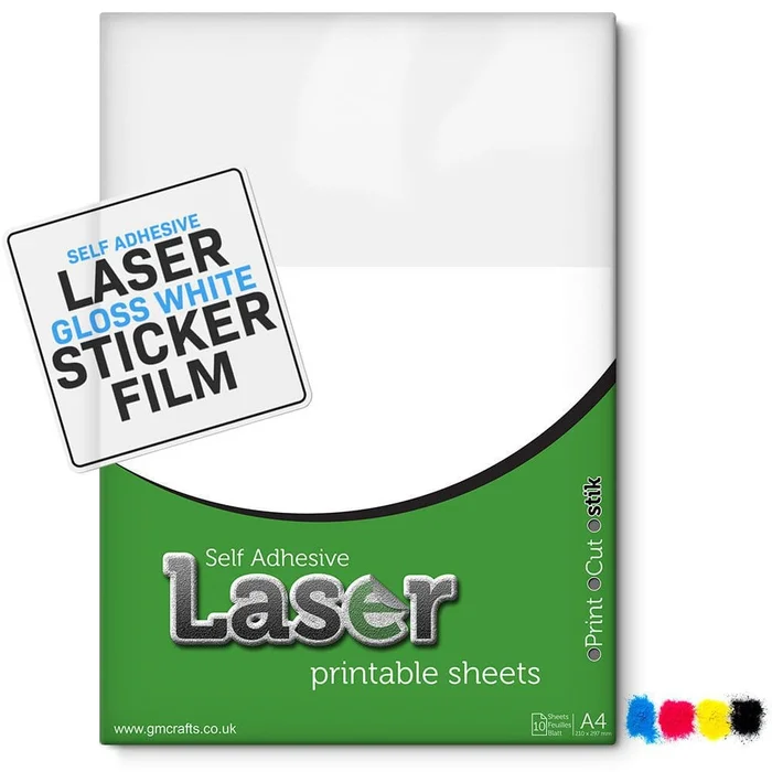 10 x Self Adhesive A4 Laser Printable Gloss White Plastic Film Sheets