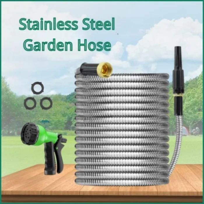 100FT garden hose, 304 stainless steel metal heavy duty hose with multi-purpose nozzle （Amazon 41201734