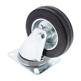 100mm Cushioned Rubber Tyre Castor, Pressed Steel Centre, Roller Bearing Rectangle Plate