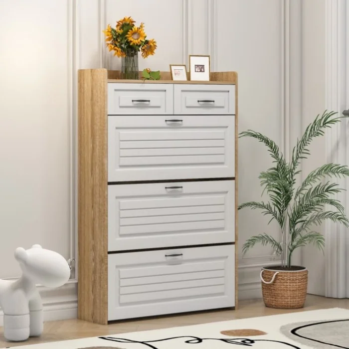 1250 White +Oak Color shoe cabinet with 3 doors 2 drawers,large space for storage GL-W1320P144273