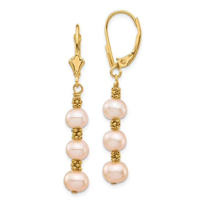 14K 5-6mm Pink Semi-round Freshwater Culutured Pearl Leverback Earrings