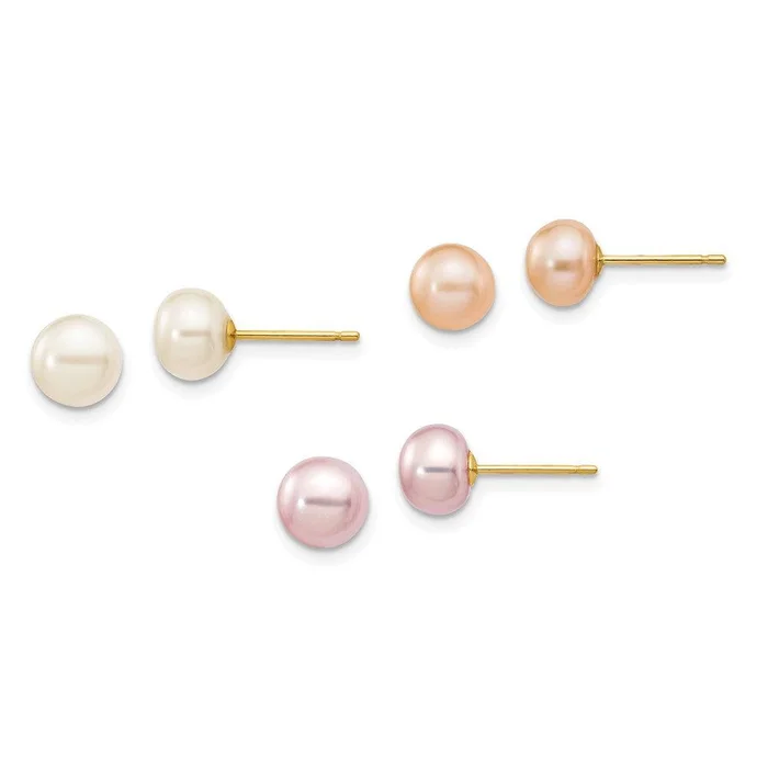 14k 6-7mm Button Freshwater Cultured Pearl Boxed 3 pair Post Earrings Set