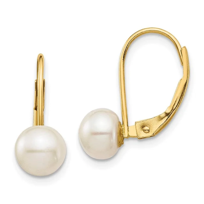 14K 6-7mm White Button Freshwater Cultured Pearl Leverback Earrings