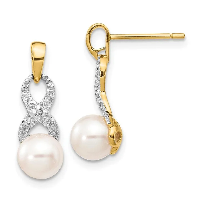 14k 6-7mm White Round FW Cultured Pearl .01 Diamond Dangle Earrings