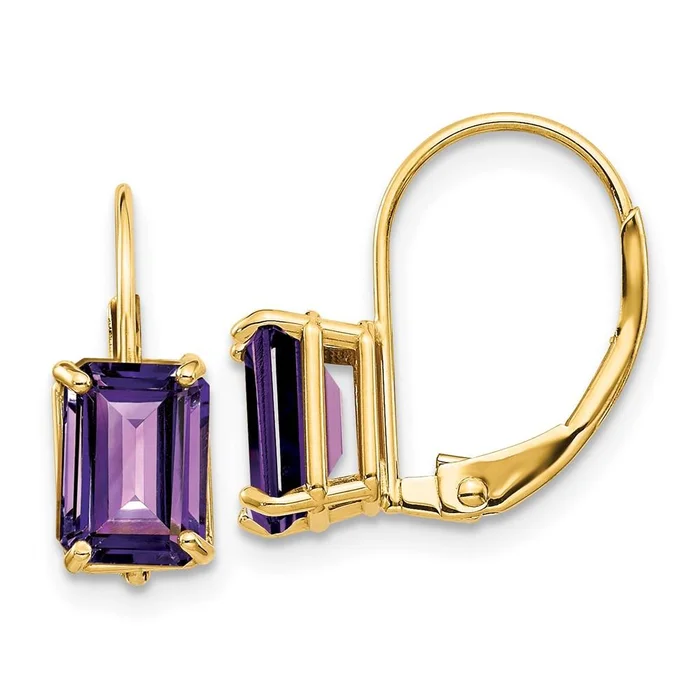 14k 7x5mm Emerald Cut Amethyst Leverback Earrings