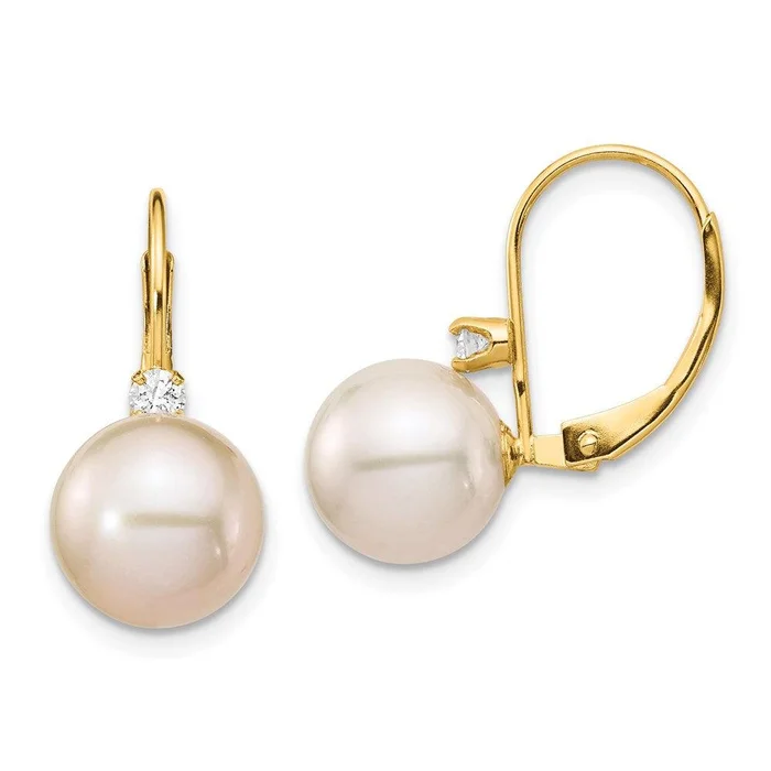 14K 9-9.5mm White Round FWC Pearl .10ct Diamond Leverback Earrings