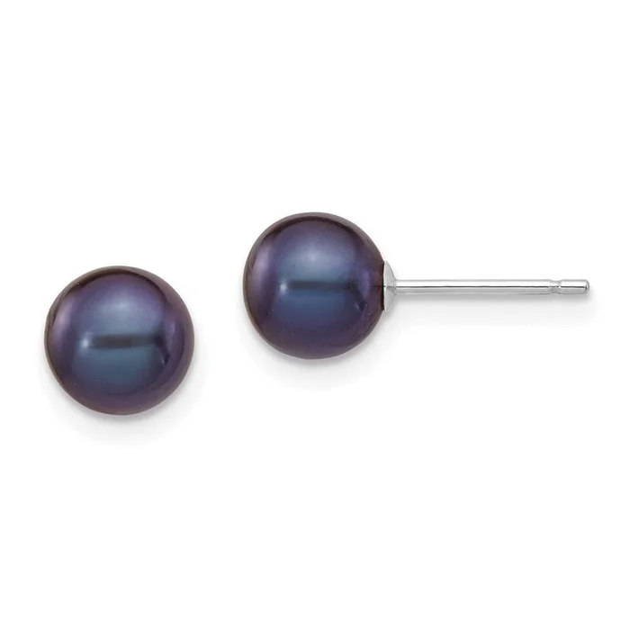 14k White Gold 6-7mm Black Round FW Cultured Pearl Stud Post Earrings