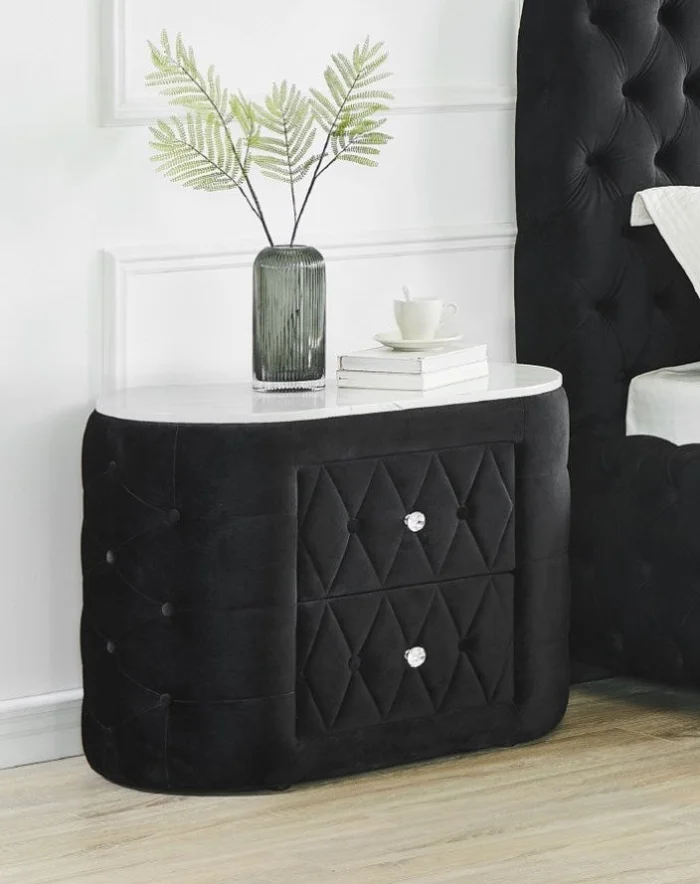 1pc Oval Faux Marble Top Nightstand 2- Drawers Storage Black Finish Button Faux Crystal GL-B011P266092