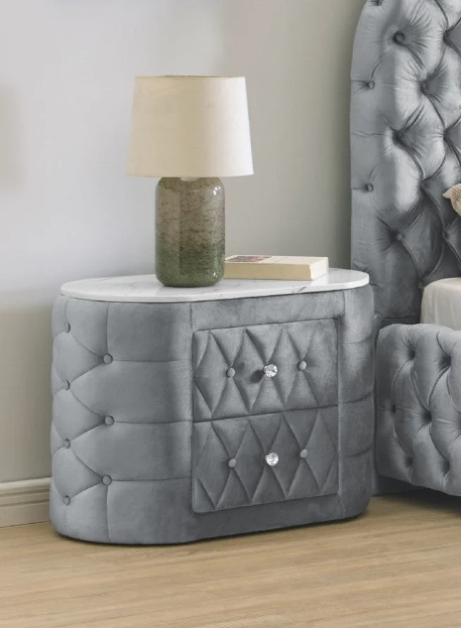 1pc Oval Faux Marble Top Nightstand 2- Drawers Storage Gray Finish Button Tufted Faux Crystal Tufted GL-B011P266091