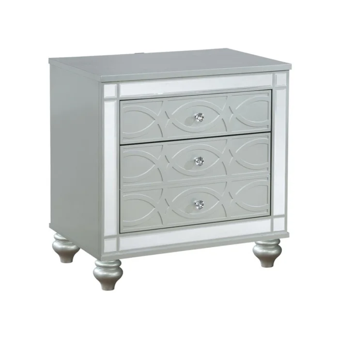 2 Drawers Nightstand with Fret Work Detail in Silver Metallic GL-B016P255631