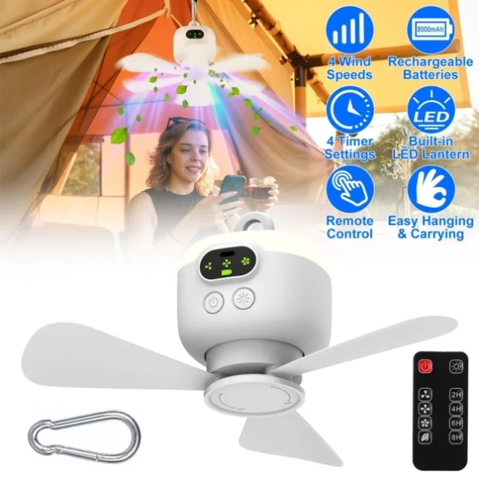 2 In 1 Portable Camping Fan with LED Lantern 8000mAh Battery Powered Tent Fan with Carabiner Digital 22253293