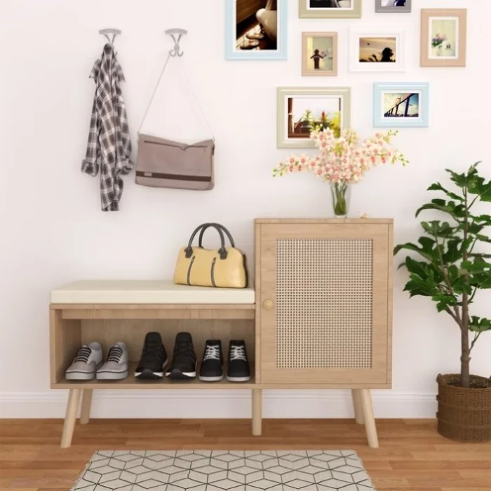2-in-1 Shoe Storage Bench, Natural Rattan Shoe Cabinet with 2 Adjustable Shelves and Removable Seat GL-W808P212813