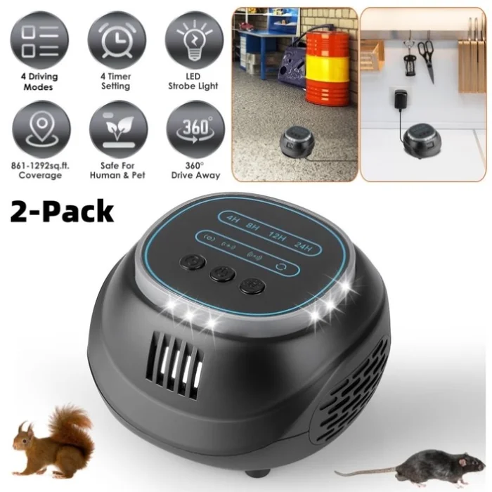 2-Pack Ultrasonic Rodent Chaser Rat Repellent Pest Driver Mouse Control Squirrel Repeller with 4 66020585