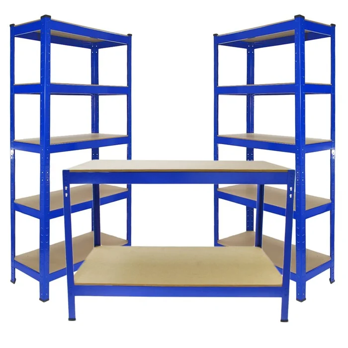 2 x 90cm T-Rax Heavy Duty Racking Metal Storage Shelving Units & Garage Workbench Blue