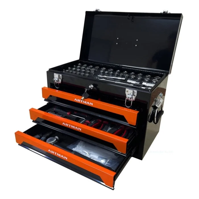 20” Portable 3-Drawer Steel Toolbox, 4 Layers of Tools with Metal Latches, with Top Storage Tray GL-W1102111198