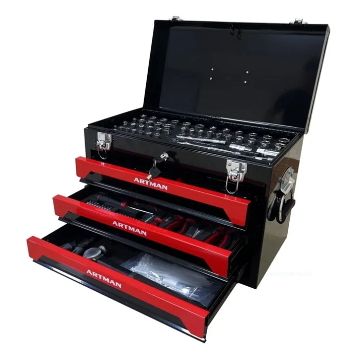 20” Portable 3-Drawer Steel Toolbox, 4 Layers of Tools with Metal Latches, with Top Storage Tray GL-W110255889