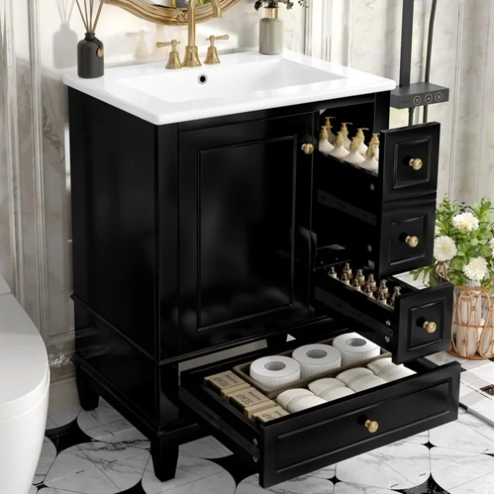 24″ Bathroom Vanity with Sink and Drawers, Black Freestanding Vanity Cabinet with Ceramic Top and 74450990