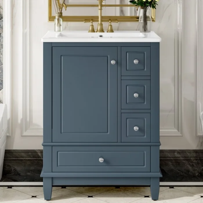 24″ Bathroom Vanity with Sink Drawers, Gray Blue Freestanding Vanity Cabinet with Ceramic Top 93166940