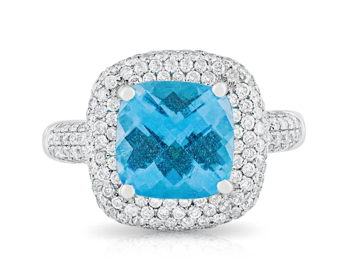 3.92ct Sky Blue Cushion Cut Topaz and 1ct Diamond Ring