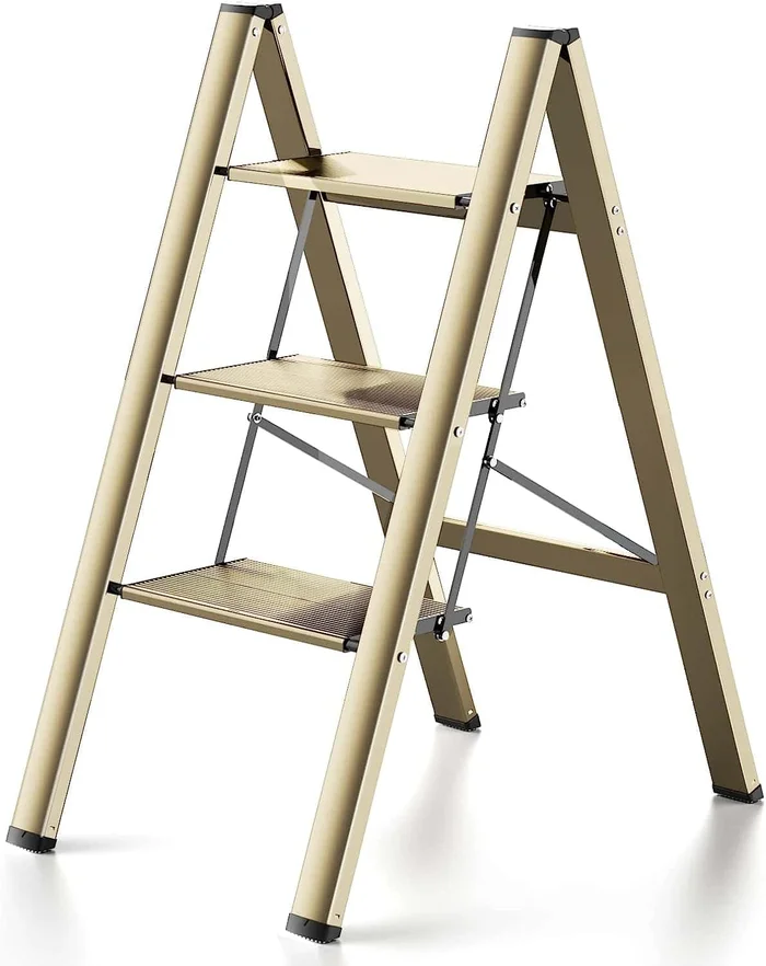 3 Step Ladder Aluminum Lightweight Folding Step Stool Wide,Champagne Gold