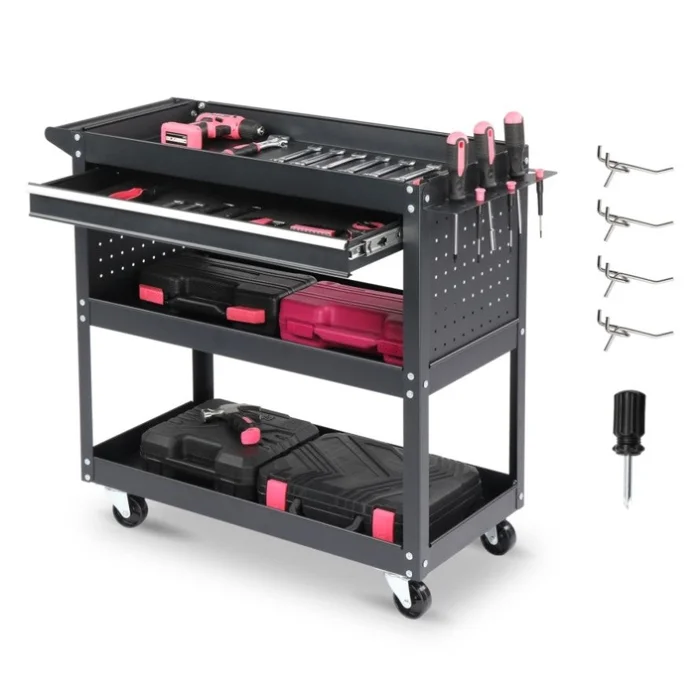 3-Tier Rolling Tool Cart, Metal Heavy Duty Utility Cart on Wheels with Pegboard & Drawer & 4 Hooks, 63239544
