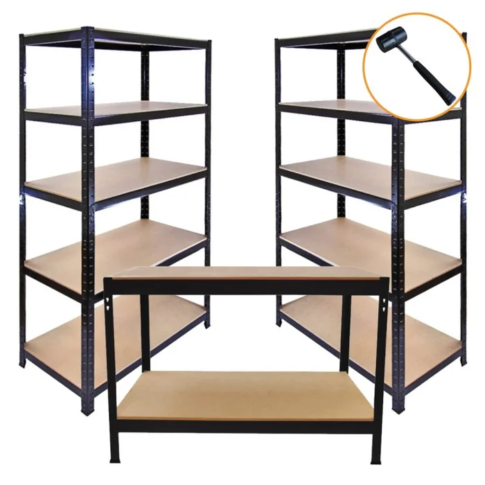 3 x Black Racking Bay Unit 5 Tier & Workbench Heavy Duty Steel Metal 280kg Capacity Per Shelf Garage Shelves Storage Warehouse Shed Workshop Greenhouse Boltless Shelving 90 x 45 x 180cm Rubber Mallet