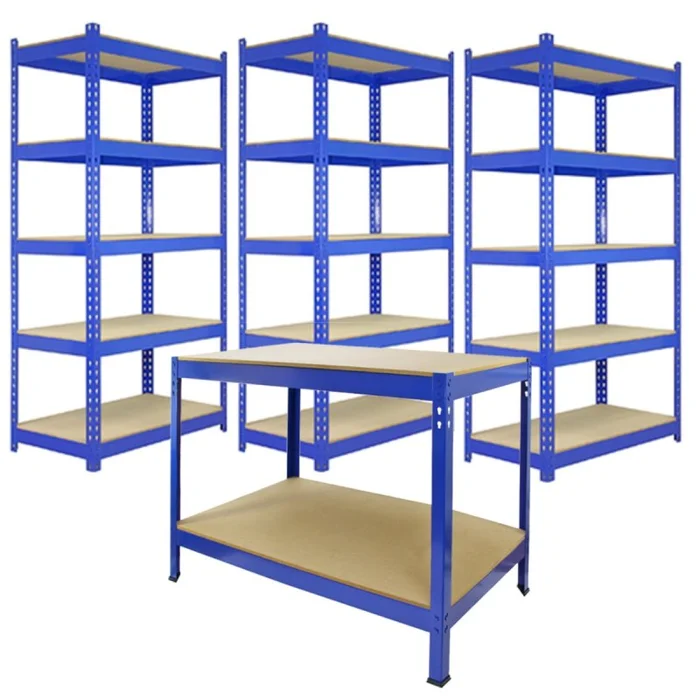 3 x Blue Racking Bay Unit 5 Tier & workbench Heavy Duty Steel Metal 200kg capacity Per Shelf Garage Shelves Storage Warehouse Shed Workshop Greenhouse Boltless Shelving 90 x 50 x 180cm