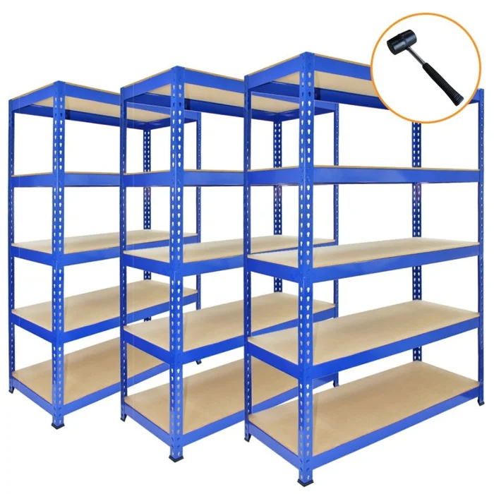 3 x Blue Racking Bay Unit 5 Tier Heavy Duty Steel Metal 200kg capacity Per Shelf Garage Shelves Storage Warehouse Shed Workshop Boltless Shelving 90 x 50 x 180cm Free Rubber Mallet
