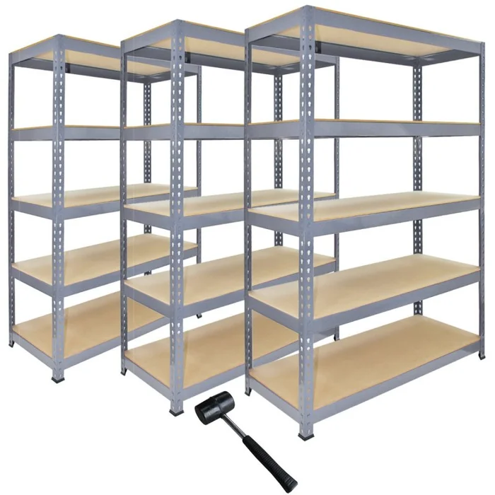3 x Grey Racking Bay Unit 5 Tier Heavy Duty Steel Metal 200kg capacity Per Shelf Garage Shelves Storage Warehouse Shed Workshop Boltless Shelving 120 x 50 x 180cm Free Rubber Mallet