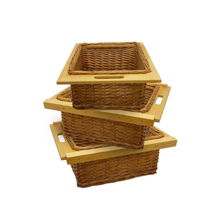 3 x Pull out Wicker Basket Drawer 500mm Kitchen Storage Solution Larder Base Unit Cupboard with Handle Rustic Beech Wood Farmhouse Style 100% Handmade Rattan FREE Fixing Kit Included – Brown