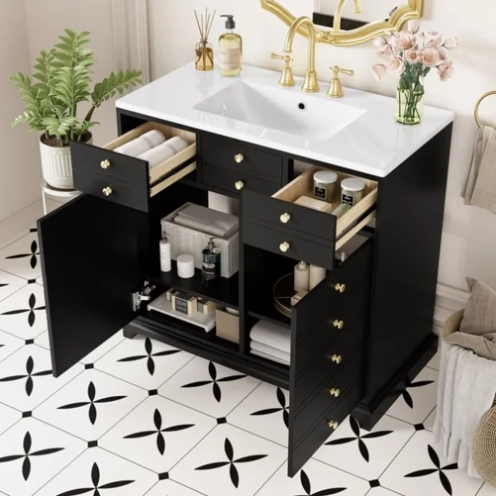 36” Bathroom Vanity with Ceramic Sink Combo, Solid Wood Frame Bathroom Storage Cabinet, GL-N710P195628B