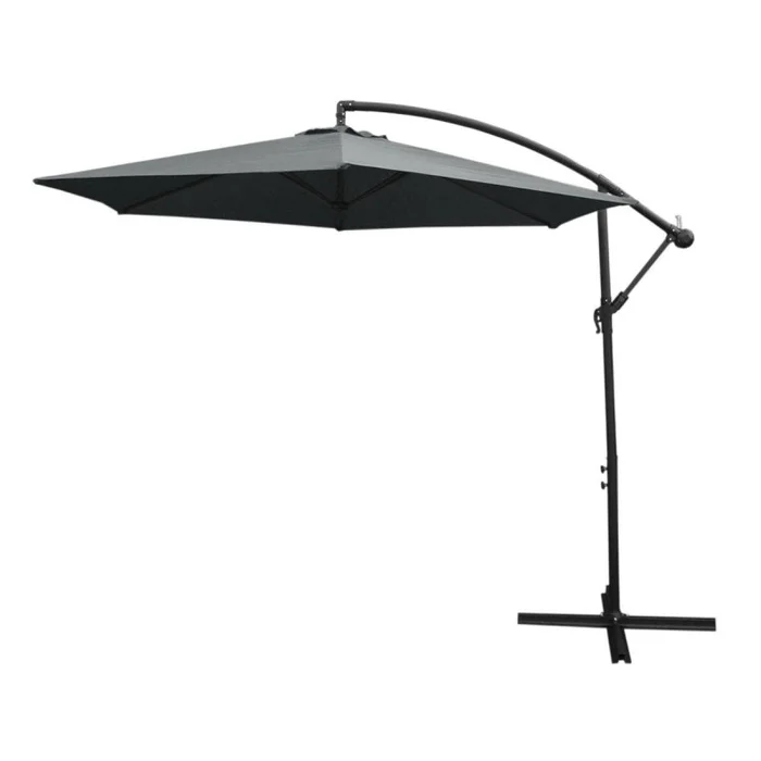 3m Cantilever Garden Parasol Banana Hanging Umbrella Winding Crank Shade Patio Outdoor Sun Shade Tilt UV Protection | Grey Fan Base