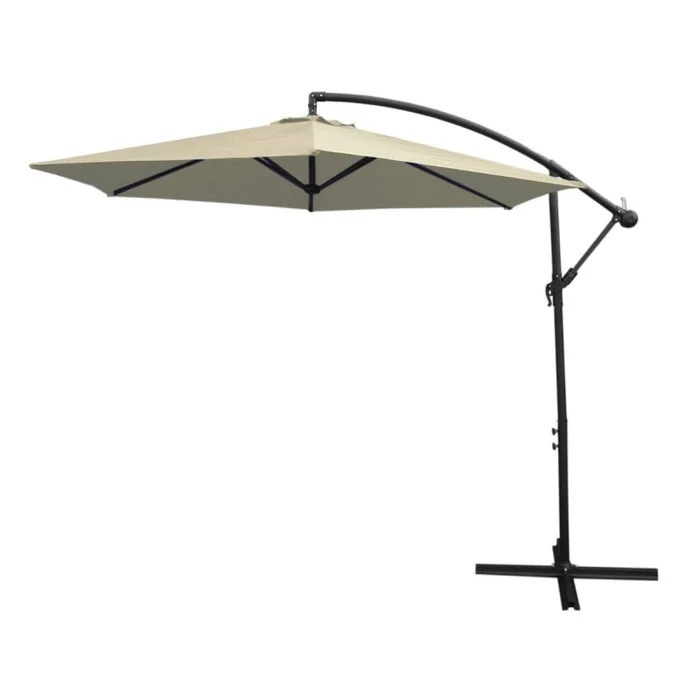 3m Cantilever Garden Parasol Banana Hanging Umbrella Winding Crank Shade Patio Outdoor Sun Shade Tilt UV Protection | Cream Fan Base