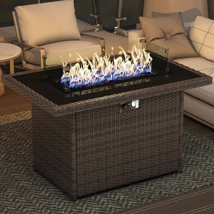 44″ Propane Gas Fire Pit Table, 55000 BTU Rectangular Fire Pit with Glass Wind Guard for Outside Patio Deck Garden Backyard