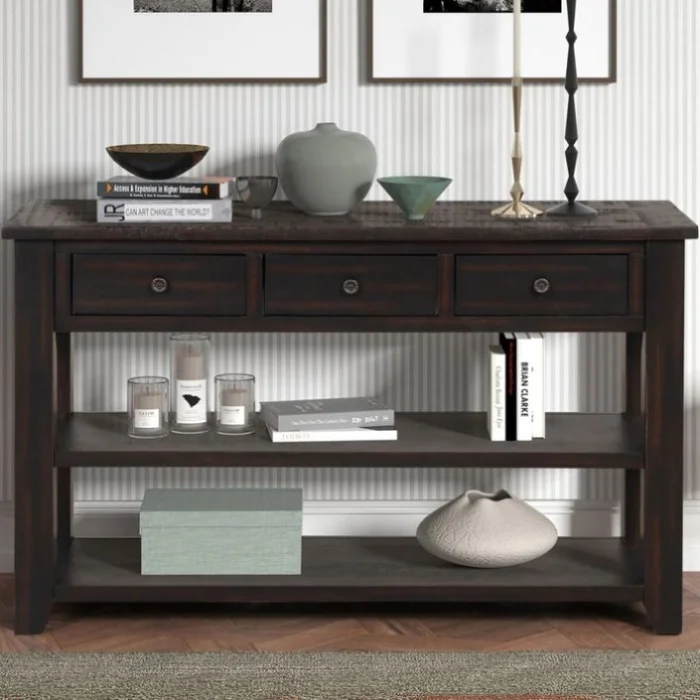 48” Solid Pine Wood Top Console Table, Modern Entryway Sofa Side Table with 3 Storage Drawers and 2 GL-W120246665