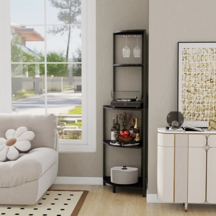 5 Tier Corner Shelf with LED Light and USB Plug, With Glass Holder, Tall Standing Shelf for Wall GL-W420P207358