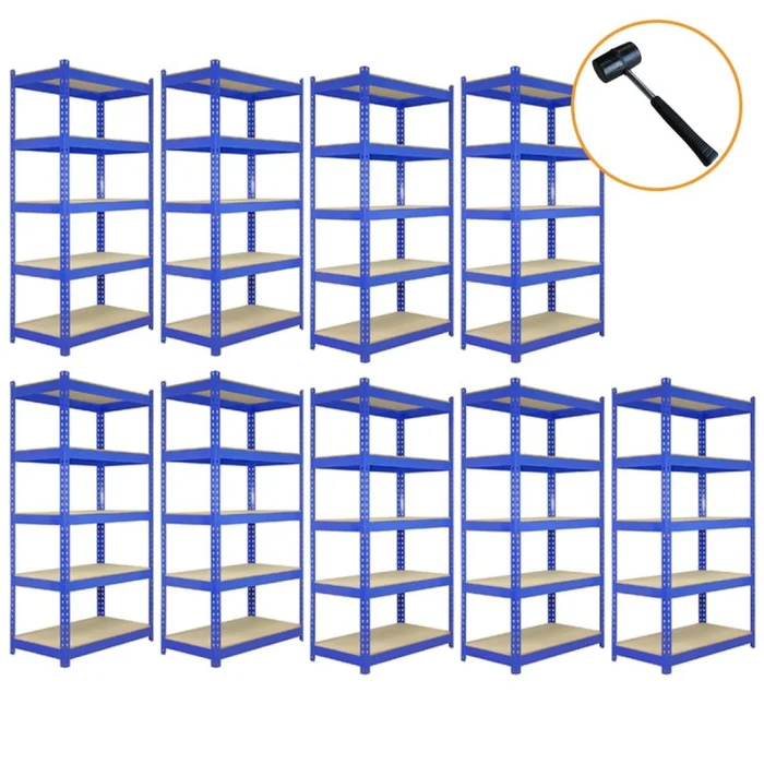 9 x Blue Racking Bay Unit 5 Tier Heavy Duty Steel Metal 280kg Capacity Per Shelf Garage Shelves Storage Warehouse Shed Workshop Greenhouse Boltless Shelving 90cm x 45cm x 180m FREE Rubber Mallet
