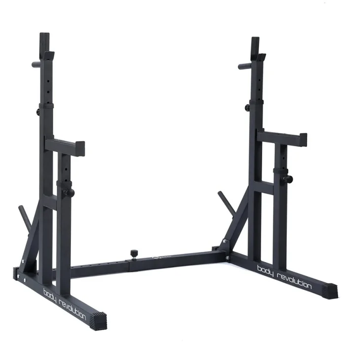 Adjustable Squat Rack with Weight Plate Storage, Integrated Dip Bars, Spotter