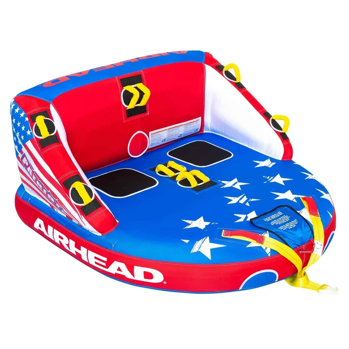 Airhead Multicolored 2-Person Towable Tube Float with Patriotic Design – High Velocity, Quick Rope Connections, Comfortable Ride