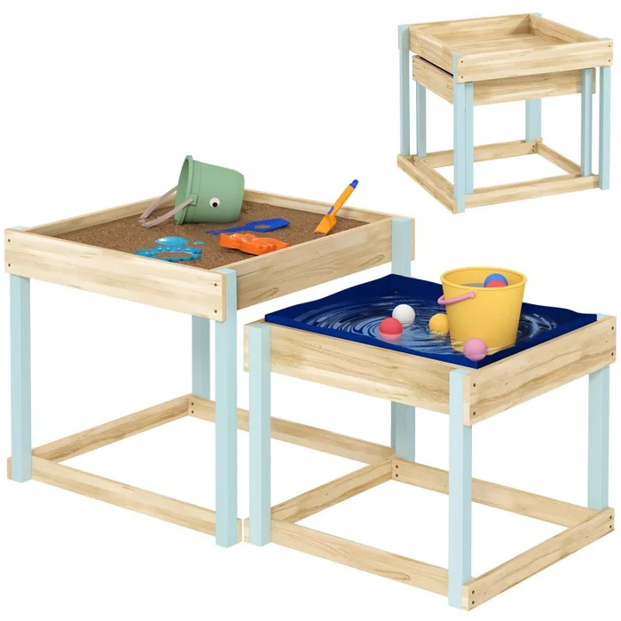 AIYAPLAY 2 PCS Wooden Sandpits, Outdoor Sand and Water Play Tables with Bottom Liner, Picnic Sensory Table for Kids Aged 3-8 Years Old, Natural Wood Finish