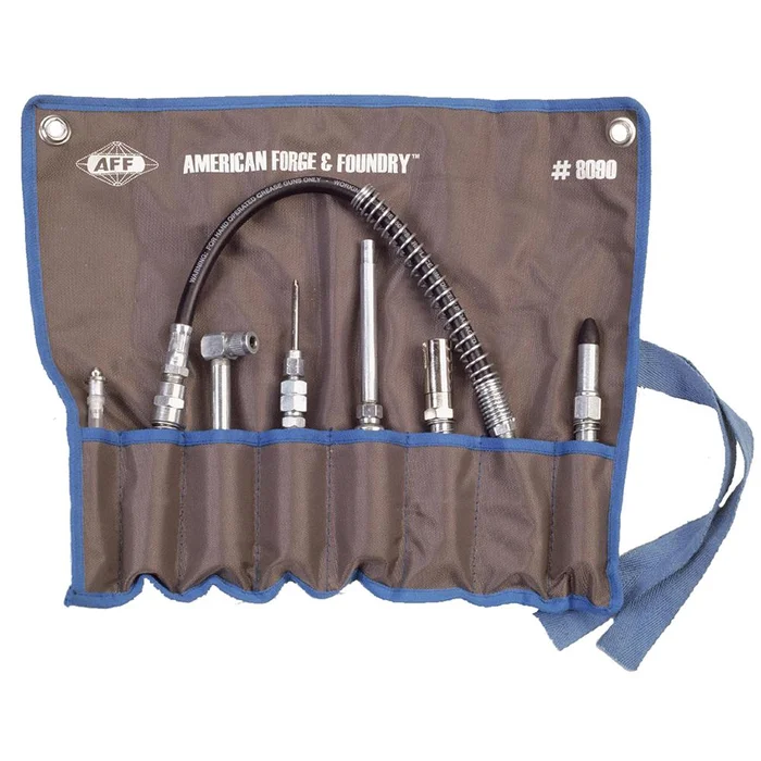American Forge & Foundry 7 Piece Lubrication Adapter Kit with Cloth Roll-Up Carrying Case