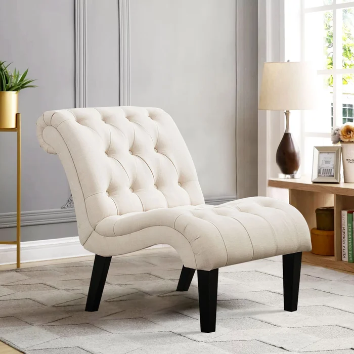 Andeworld Accent Chair for Bedroom Living Room Chairs Tufted Upholstered Lounge Chair with Wood Legs Linen Fabric, Cream