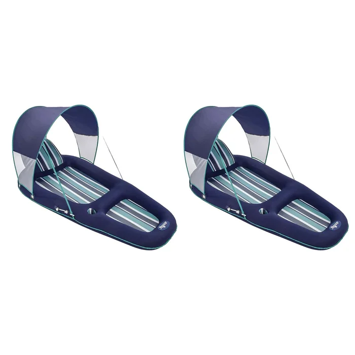 Aqua Leisure Inflatable Pool Lounger Float w Sunshade Canopy, Blue (2 Pack)
