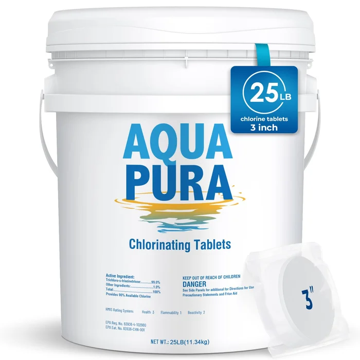 Aqua Pura Chlorine Tablets for Swimming Pool,3″ Pool Supplies, Individually Wrapped Stabilized Chlorine Tablets, Long-Lasting, 25 LB