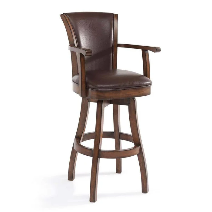Armen Living Raleigh 30 in. Kahlua Faux Leather and Chestnut Wood Finish Armed Swivel Bar Stool