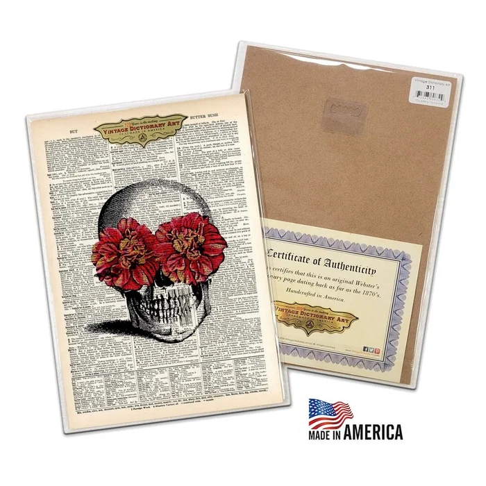 Authentic Vintage Dictionary Art Ready to Hang – Skull Flowers
