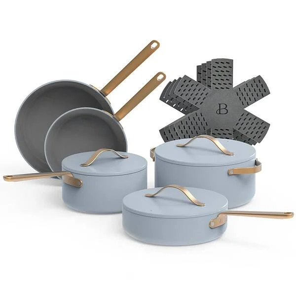 Beautiful 12pc Ceramic Non-Stick Cookware Set, Cornflower Blue by Drew Barrymore