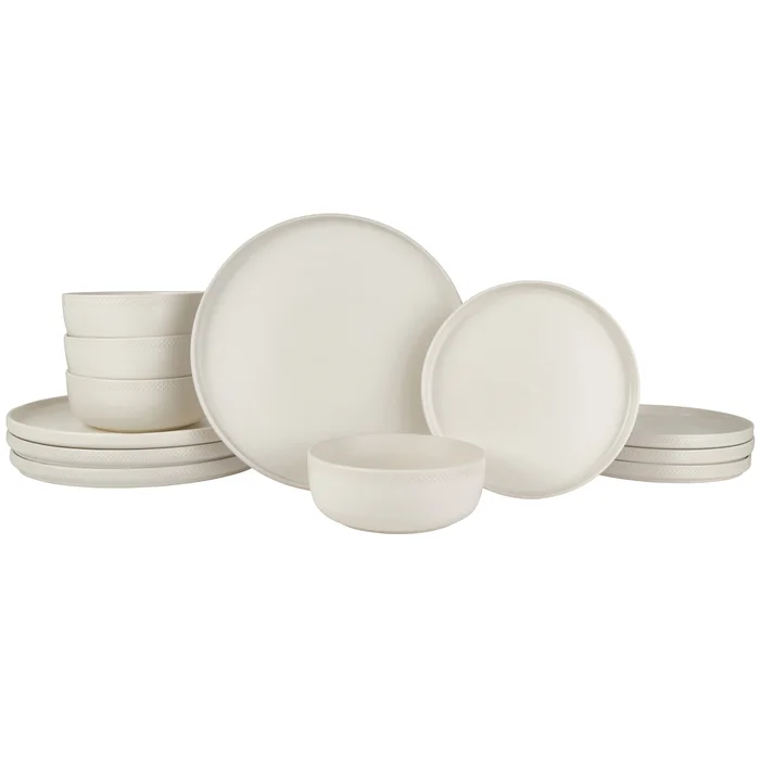 Beautiful Modern Dots Stoneware Dinnerware 12 Piece Set Oyster White by Drew Barrymore